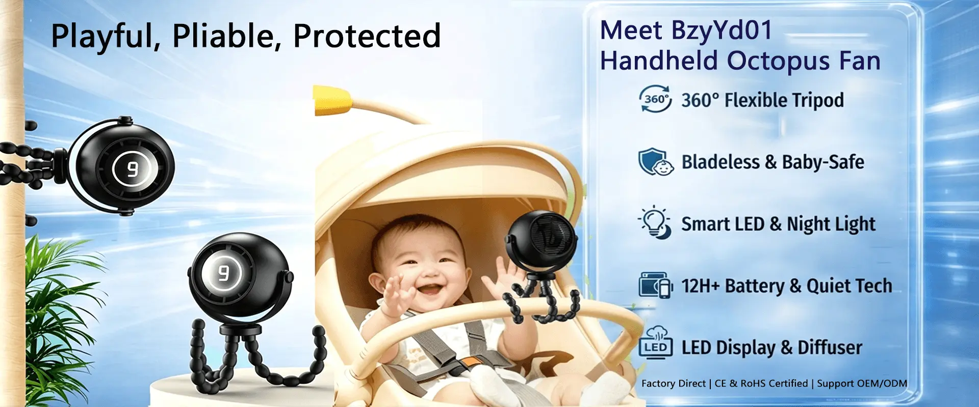 Flexible octopus stroller fan for baby, 360-degree portable rechargeable fan with LED night light