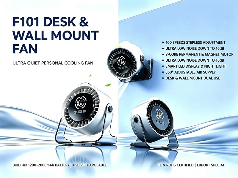 F101 ultra quiet desk and wall mount dual use fan with 100 speeds stepless adjustment, smart LED display and night light