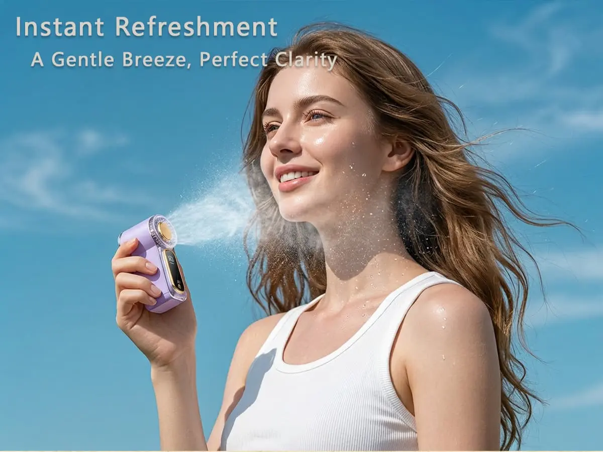Gentle breeze personal misting cooling fan for cosmetics and hot summer days retail.