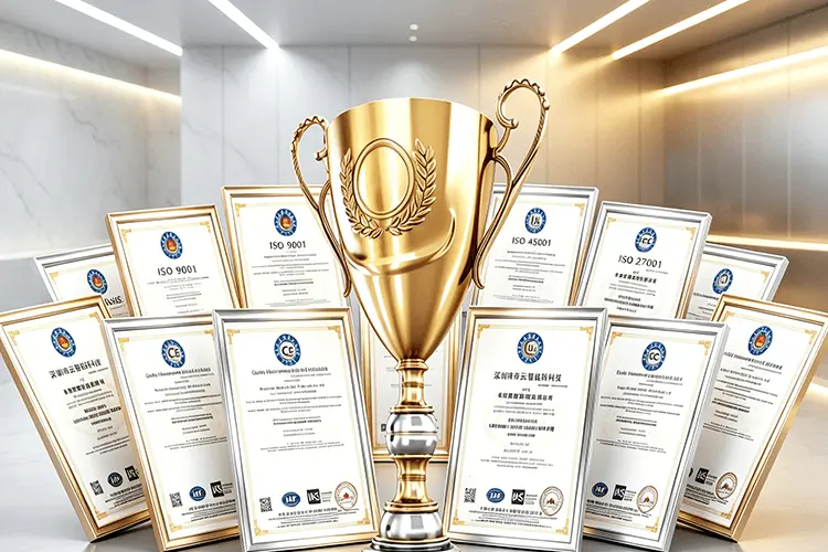 Quality control certificates including ISO 9001, 45001, and 27001 for electronic manufacturing