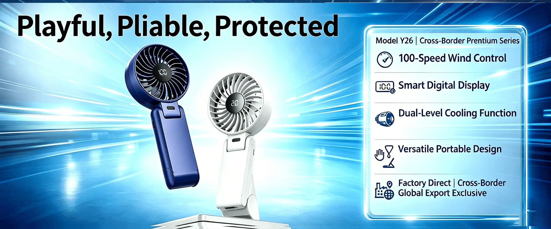Model Y26 portable handheld fan with 100-speed wind control, smart digital display and built-in active cooling module