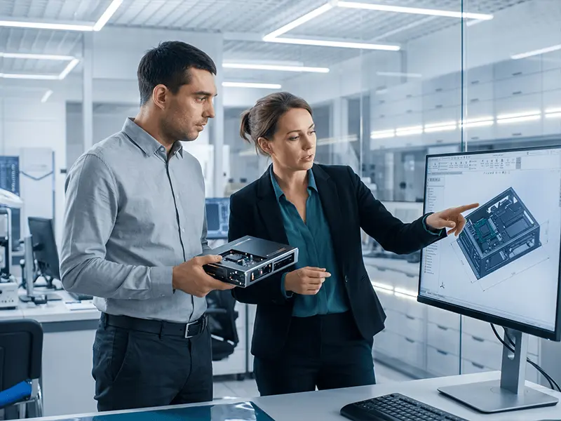 Engineers collaborating on custom electronic product design in a professional R&D lab