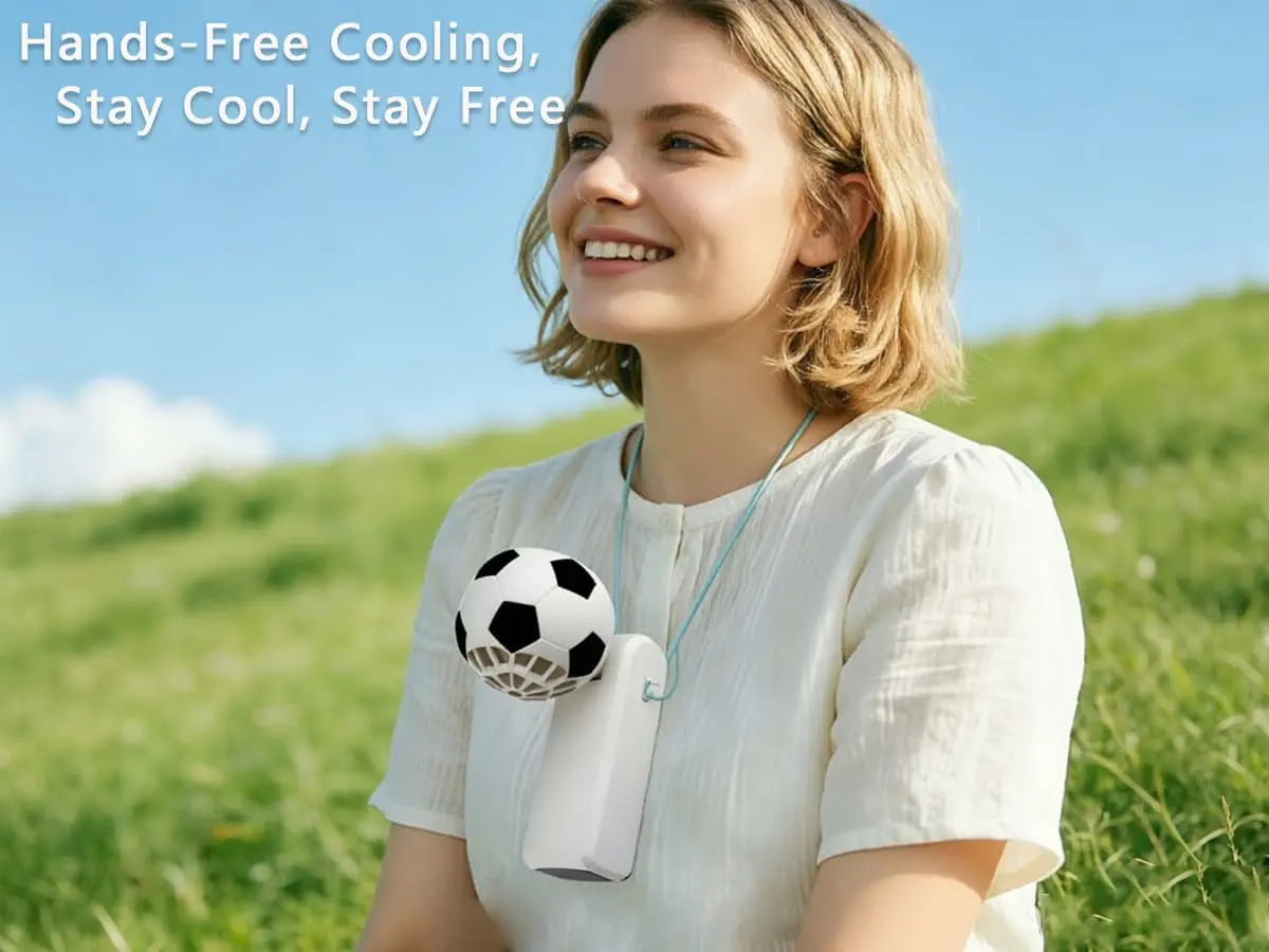 Woman using the X68 hands-free soccer neck fan in an outdoor setting