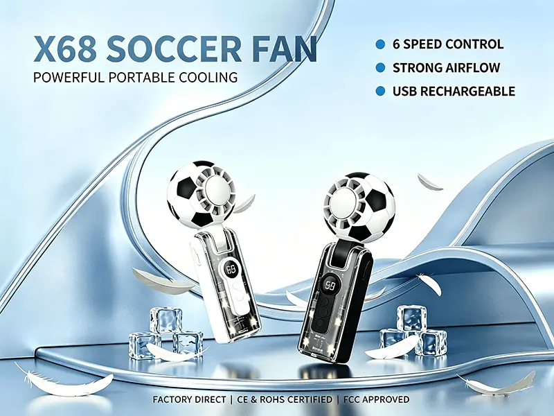 X68 soccer shaped portable handheld fan with 6 speed control, strong airflow and USB rechargeable battery (“Soccer shaped（足球造型）”