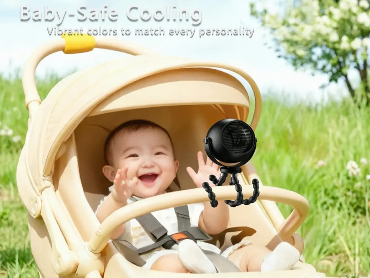 Safe portable octopus fan attached to a baby stroller for comfort
