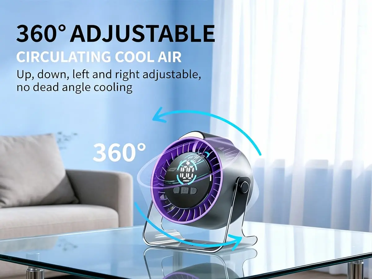 Side view of the F101 smart fan demonstrating its full 360-degree rotation range for multi-directional airflow.