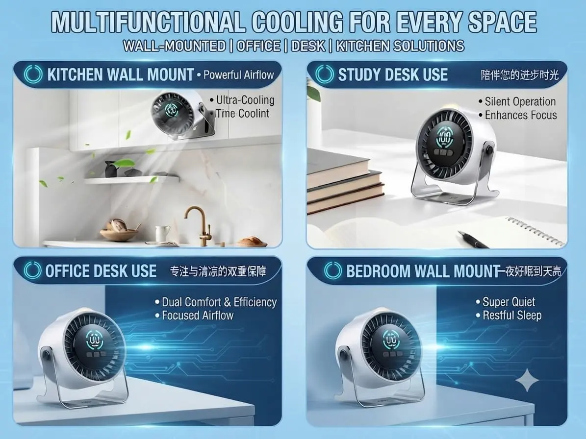A montage of the F101 smart fan being used in diverse environments like professional offices, kitchens, and cozy bedrooms. A montage of the F101 smart fan being used in diverse environments like professional offices, kitchens, and cozy bedrooms.