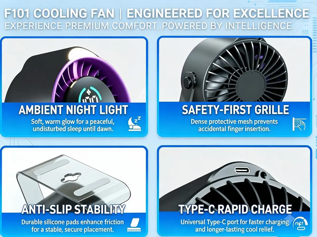 Close-up details of the F101 fan showing the built-in ambient night light and the finger-safe protective grille.