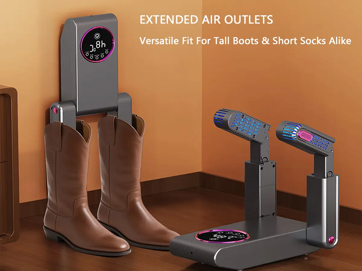 Extended bracket arms of the HXQ-13 shoe dryer drying tall winter boots and short socks