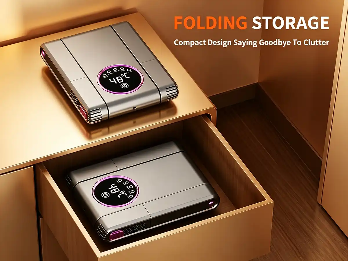 Space-saving foldable smart shoe dryer neatly stored inside a modern minimalist drawer