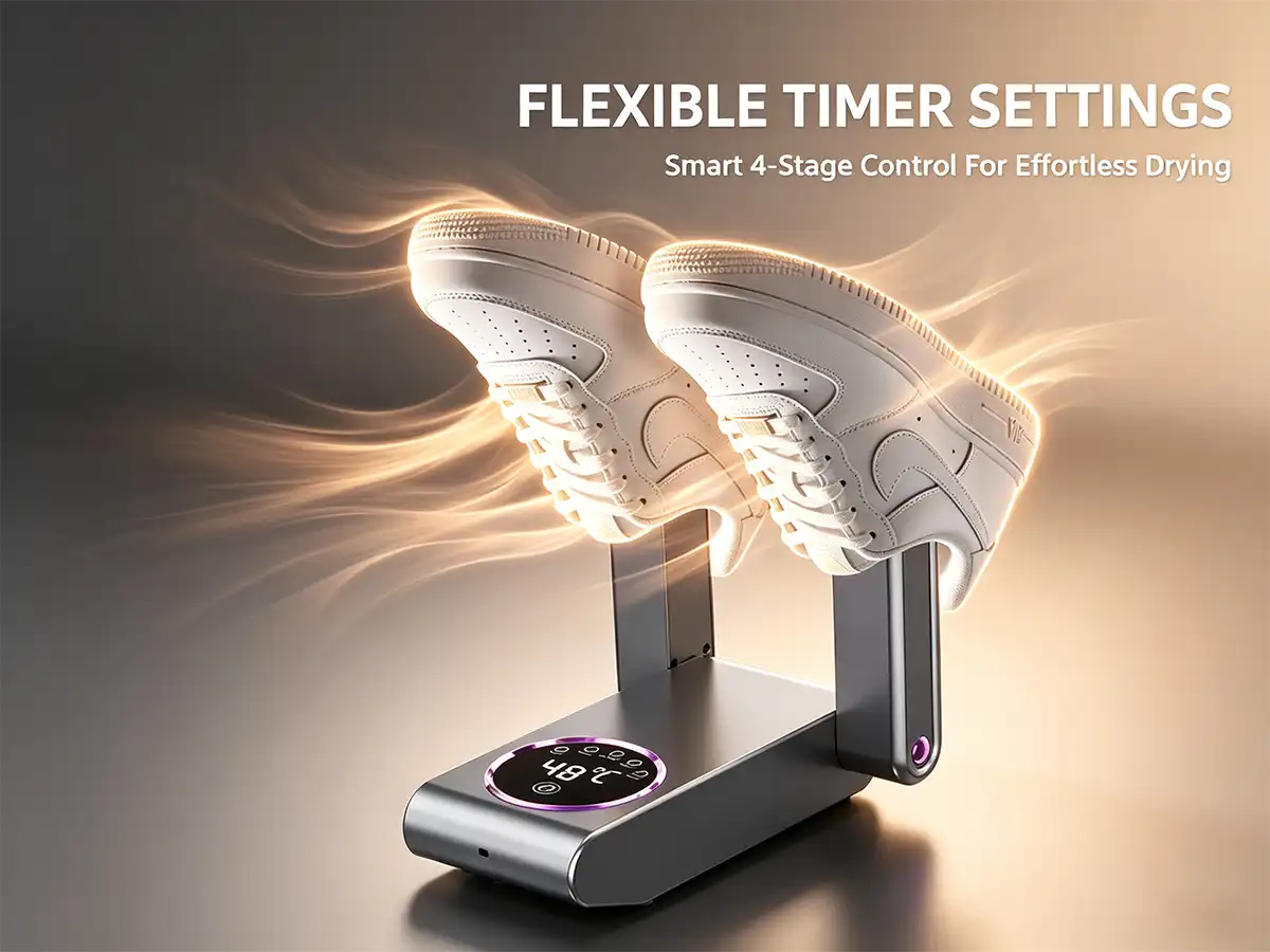 High-end grey smart shoe dryer with digital LED touch panel and warm amber thermal airflow drying white sneakers