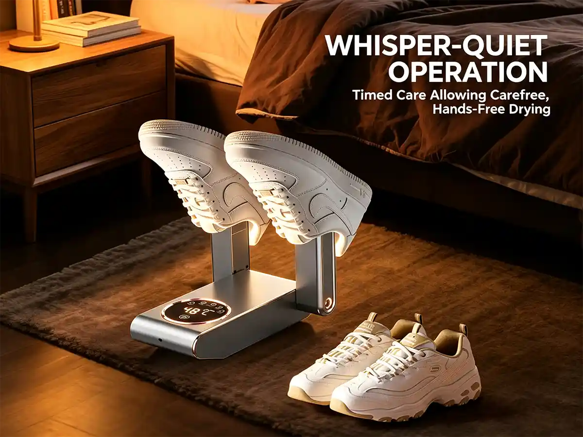Whisper-quiet smart shoe dryer operating safely overnight in a warm modern bedroom setting
