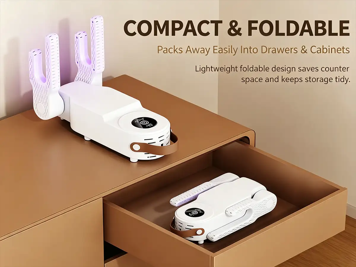 HXQ-15 compact foldable electric shoe dryer being stored neatly inside a modern wooden drawer for easy portability.
