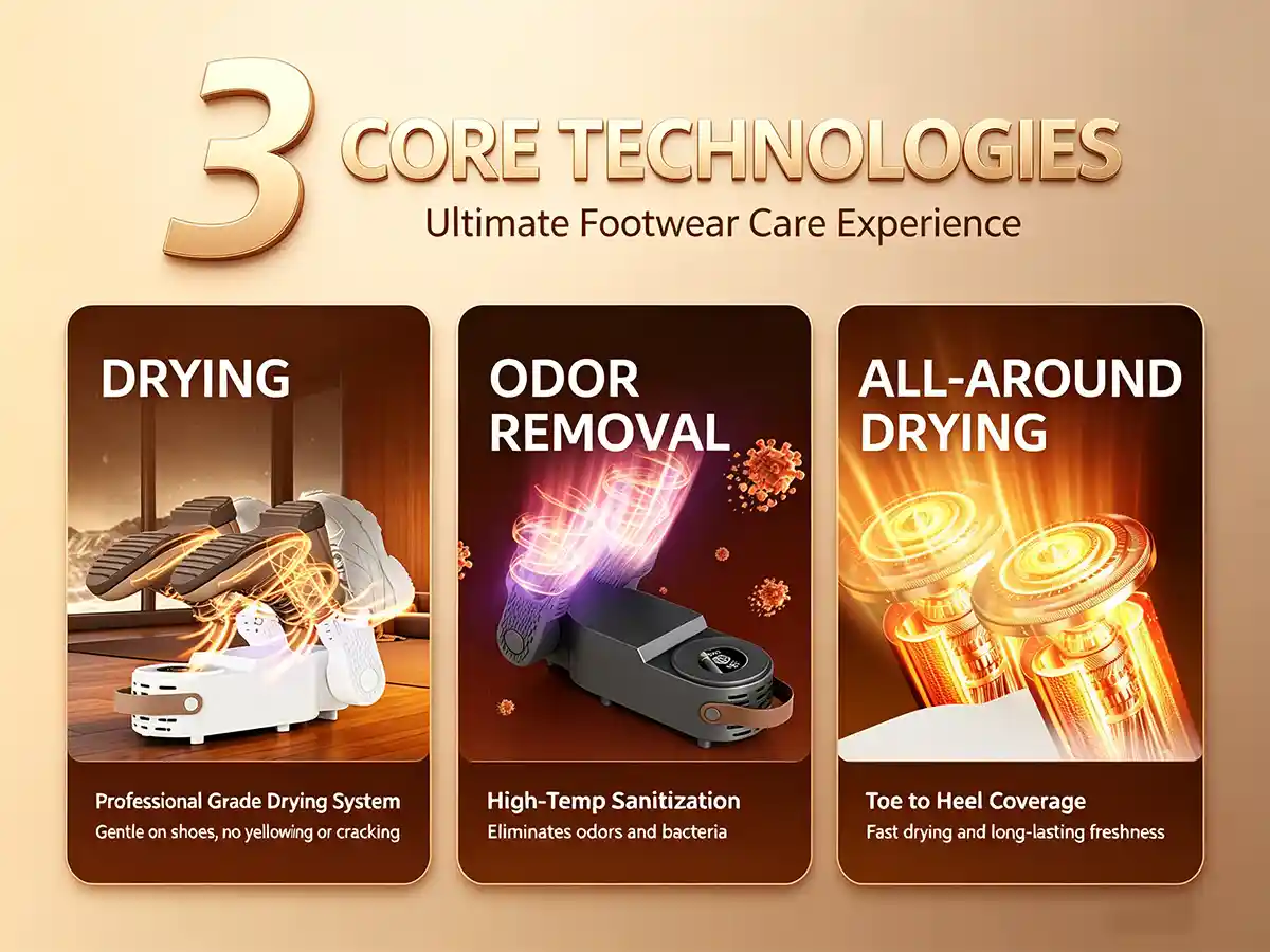 Infographic displaying the 3 core technologies of the HXQ-15 smart shoe dryer: drying, odor removal, and all-around coverage