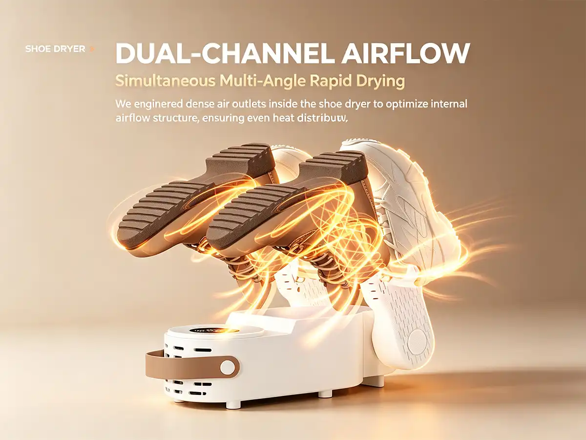 HXQ-15 smart electric shoe dryer featuring dual-channel airflow for rapid multi-angle shoe drying