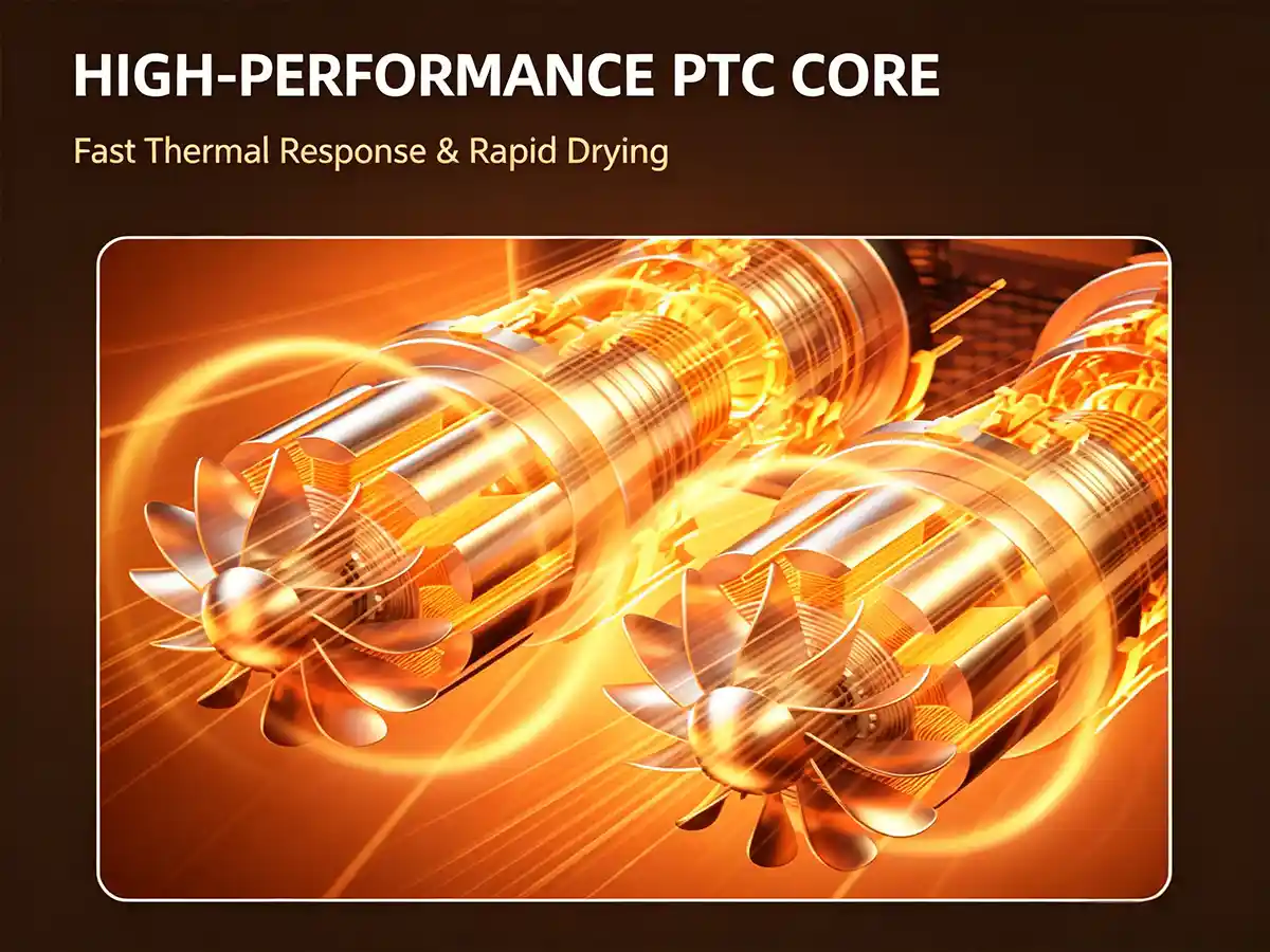 High-performance PTC heating element and air-flow fan inside the HXQ-15 commercial shoe dryer for rapid thermal response