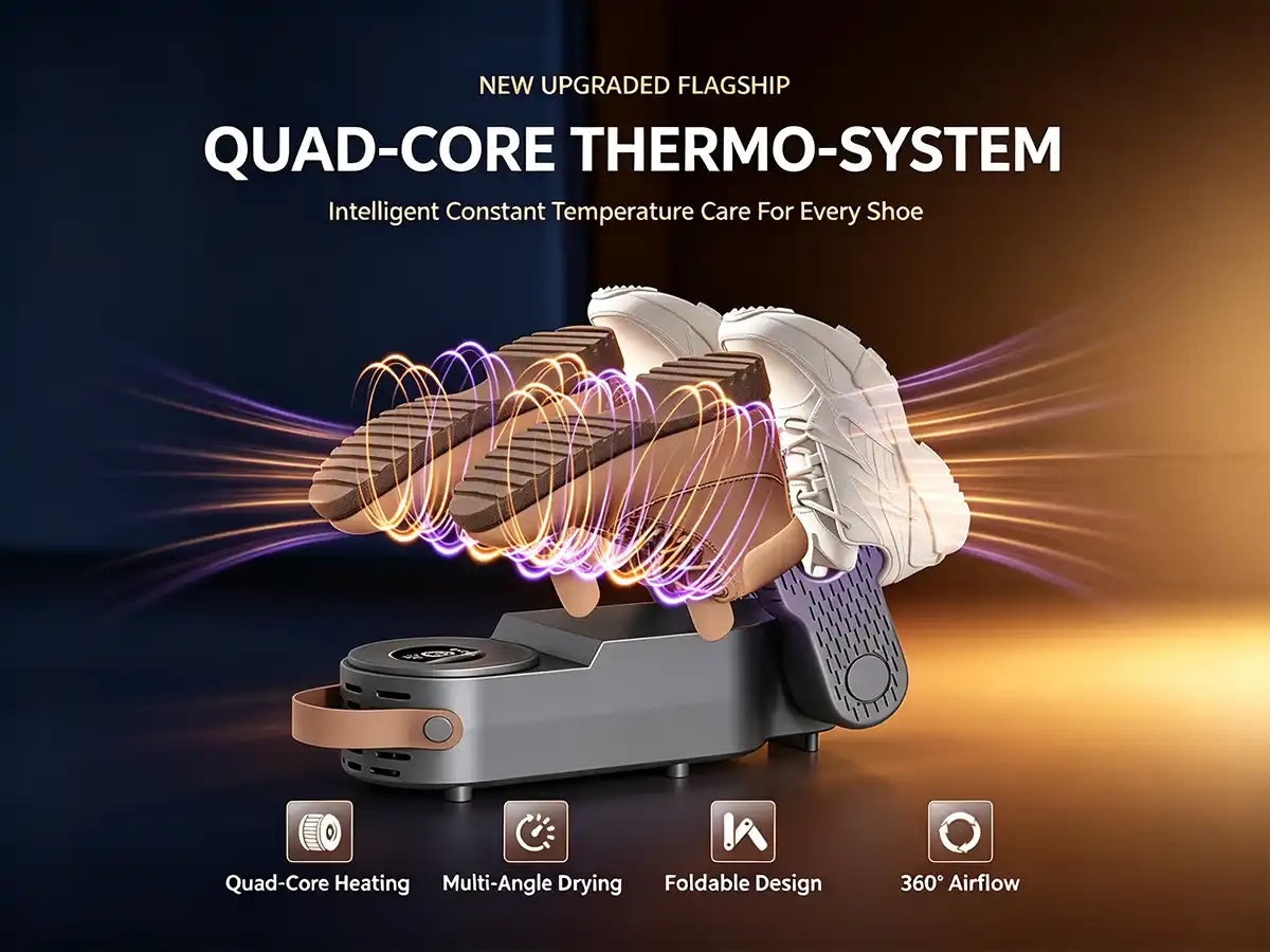 HXQ-15 smart shoe dryer utilizing a quad-core thermo-system for safe 48°C constant temperature drying without damaging leather