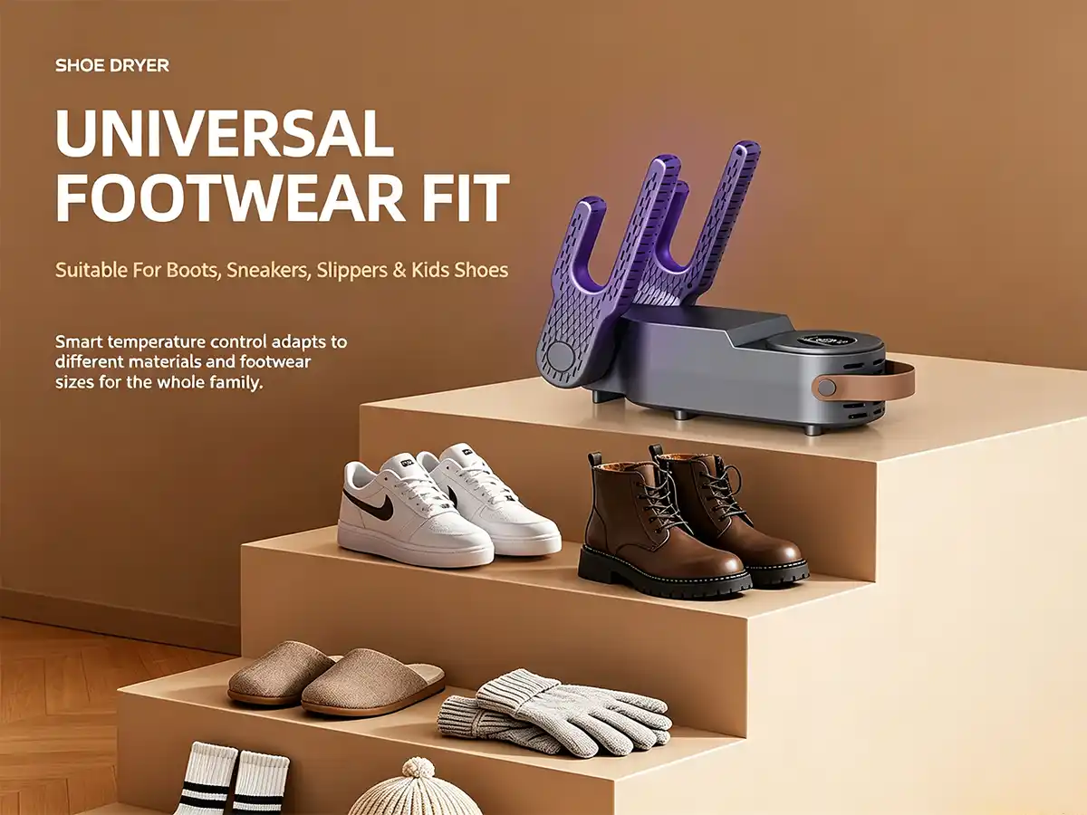 HXQ-15 smart shoe dryer demonstrating universal compatibility with boots, sneakers, slippers, and casual shoes