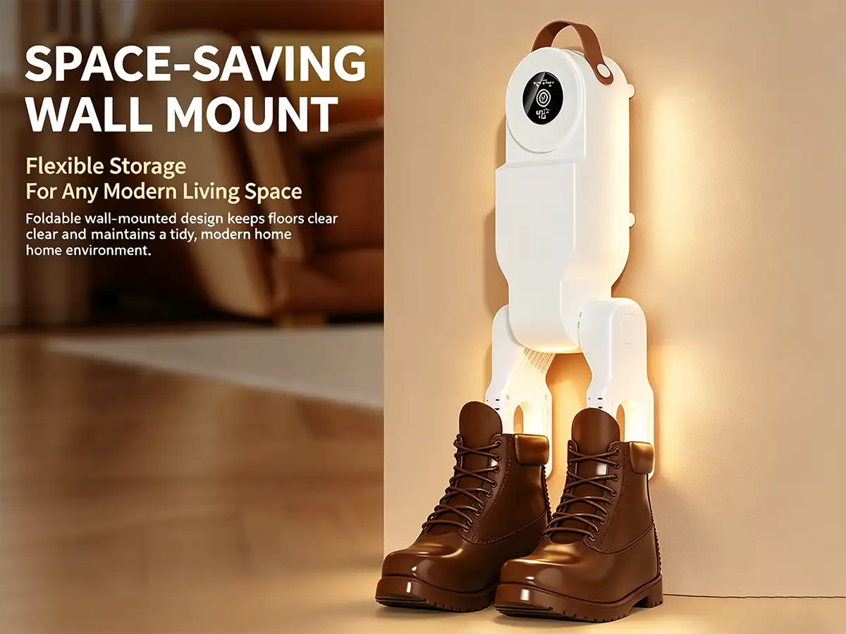 HXQ-15 smart shoe dryer installed as a space-saving wall-mounted unit drying boots in a modern interior