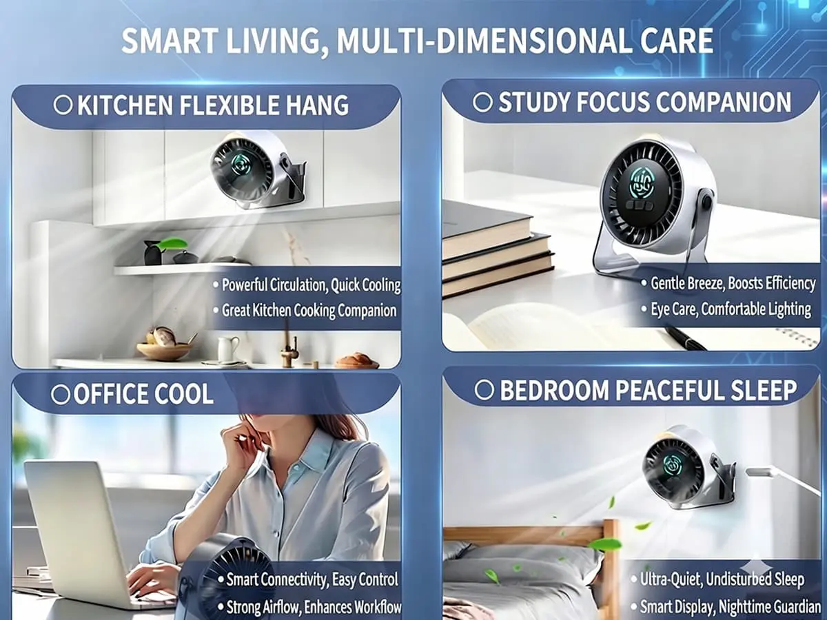 A graphic overview displaying the F101 smart fan in various usage scenarios, including kitchens, home offices, and study desks.