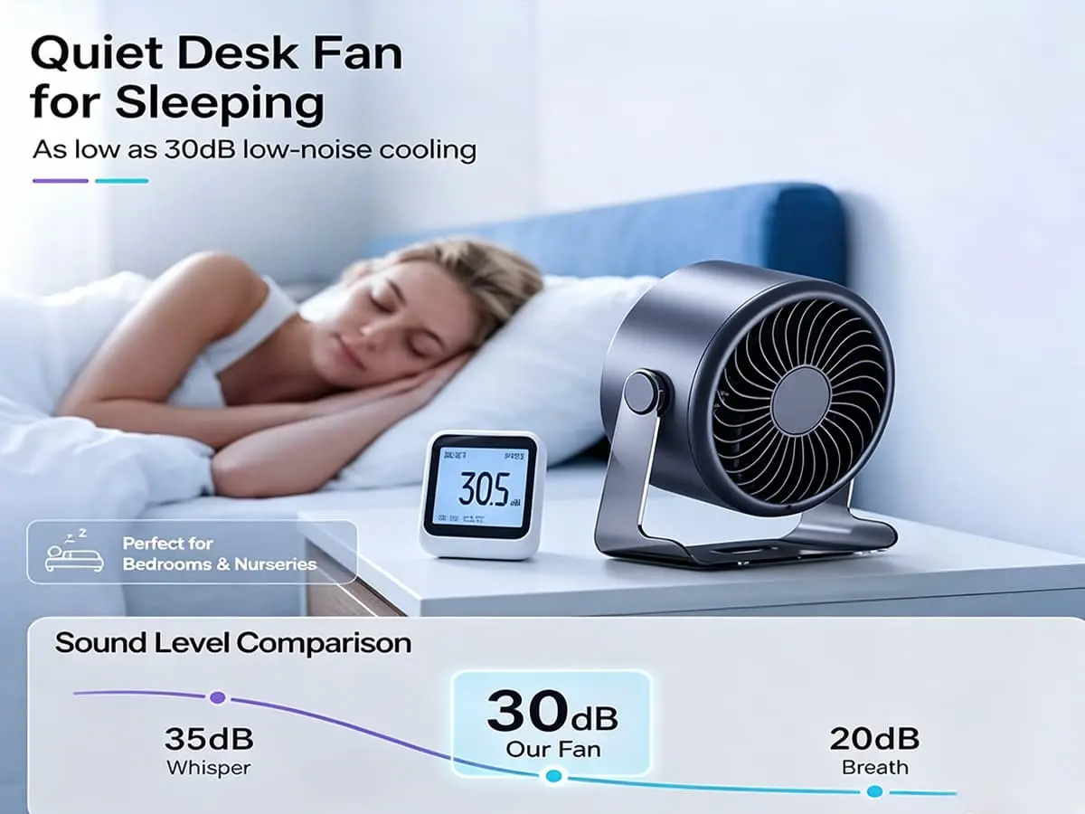 A person sleeping in a quiet room with the F101 smart desk fan running silently on a nightstand.
