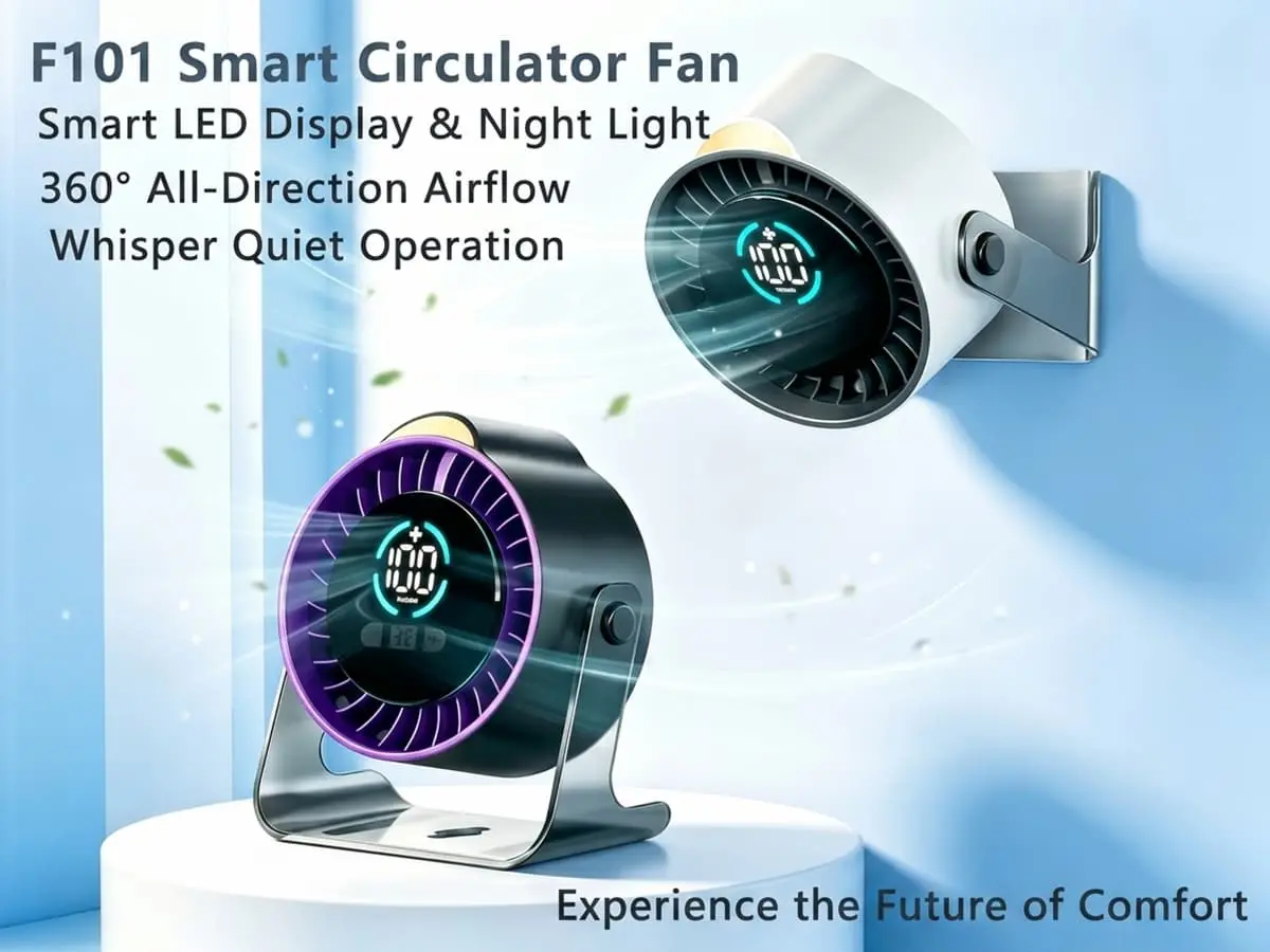 A sleek F101 smart circulator fan shown in both desktop and wall-mounted positions, featuring a modern digital LED display.