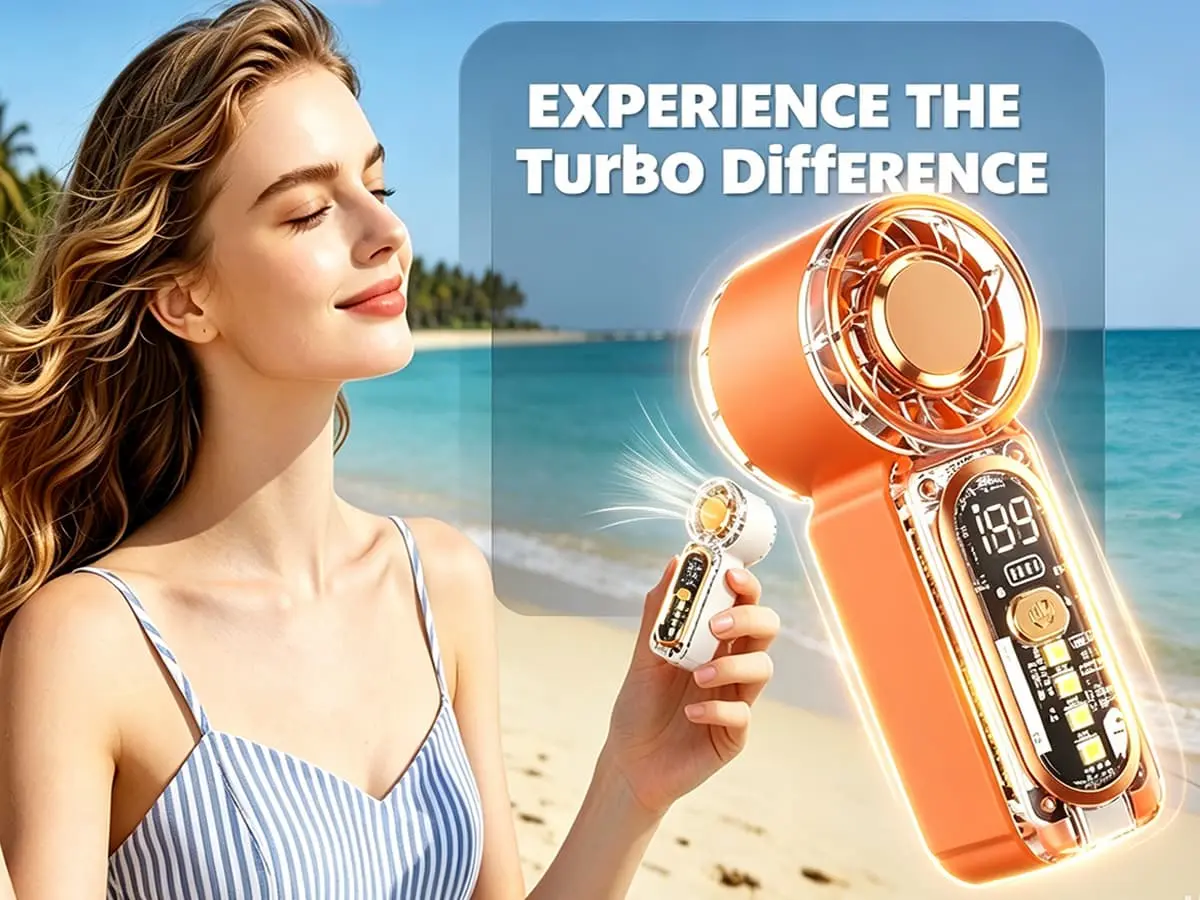 Woman using orange X699 turbo handheld fan on beach