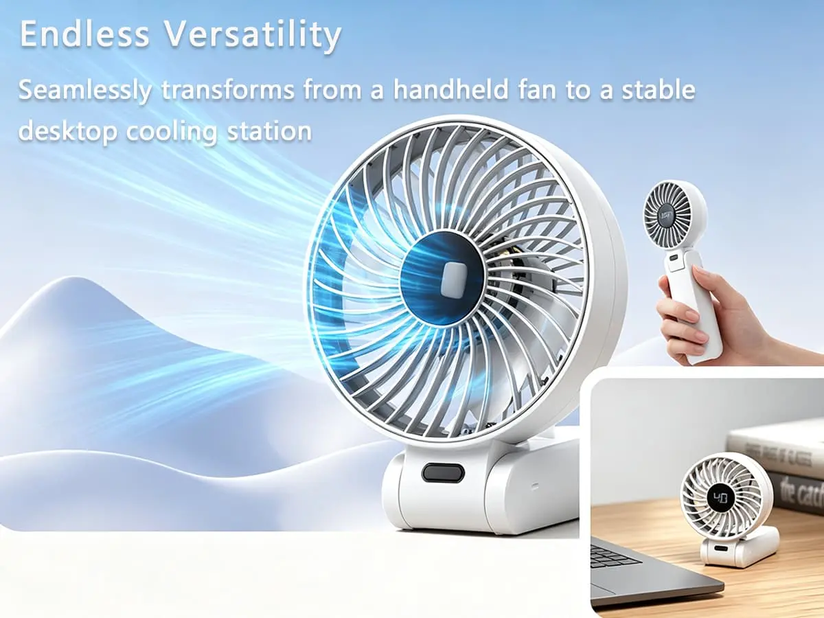 Y26 foldable multi-functional fan transforming between handheld and stable desktop cooling station