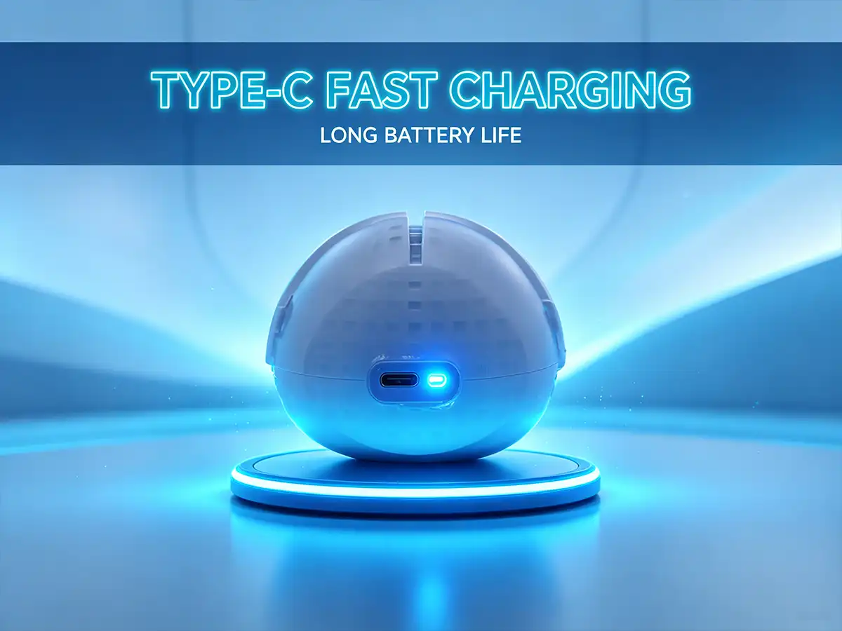 Back view of AI plush mechanism showing Type-C charging port and glowing indicator light.