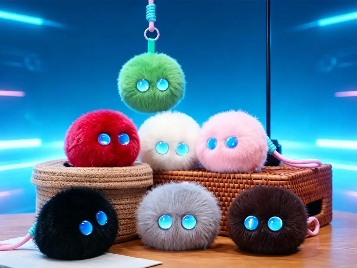 A collection of colorful fluffy AI plush toys with glowing interactive LED eyes for wholesale and OEM orders.