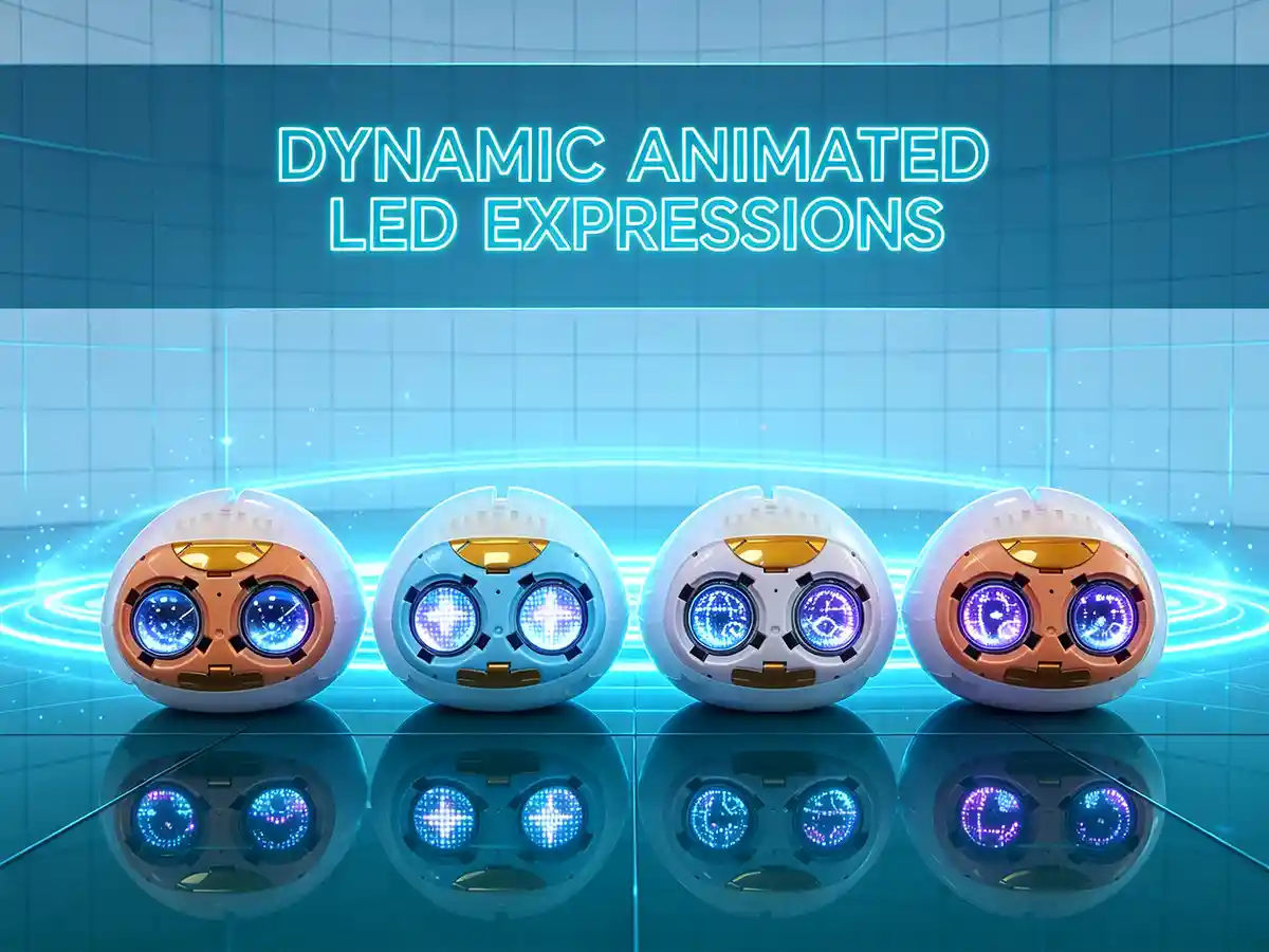 Multiple AI smart mechanisms showing animated glowing LED facial expressions.