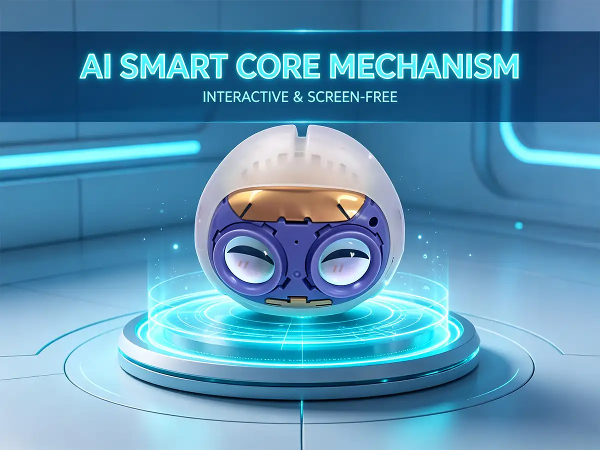 AI Smart Core Mechanism for interactive plush toys, screen-free smart core on glowing pedestal.
