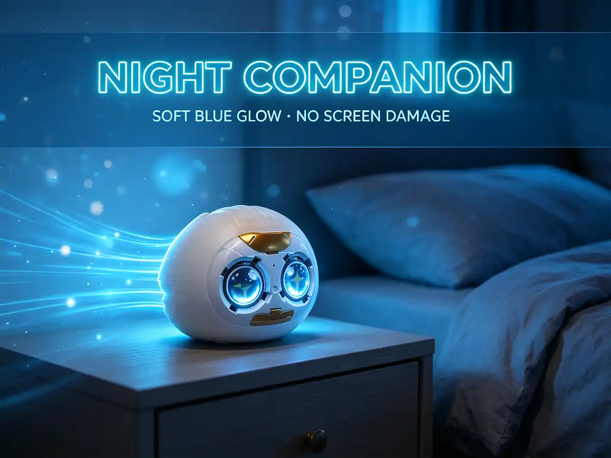 Smart AI mechanism emitting soft eye-friendly blue light as a night companion for kids