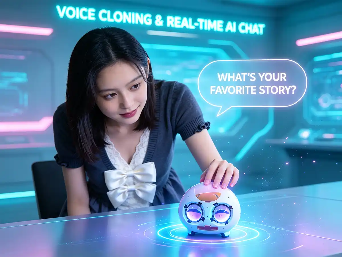 Young girl interacting with AI smart mechanism toy featuring real-time conversational voice chat.