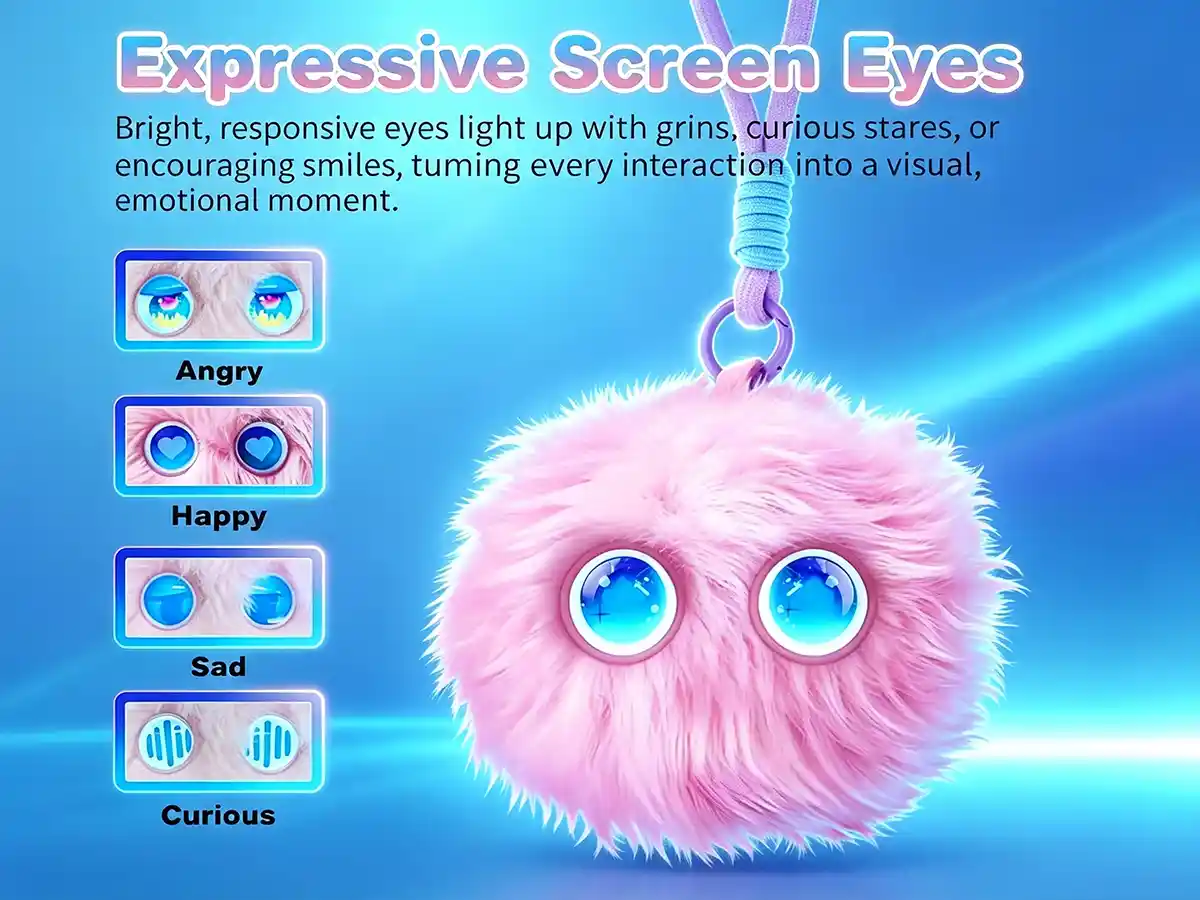 Close-up of AI plush toy showing different animated LED eye expressions including angry, happy, sad, and curious.