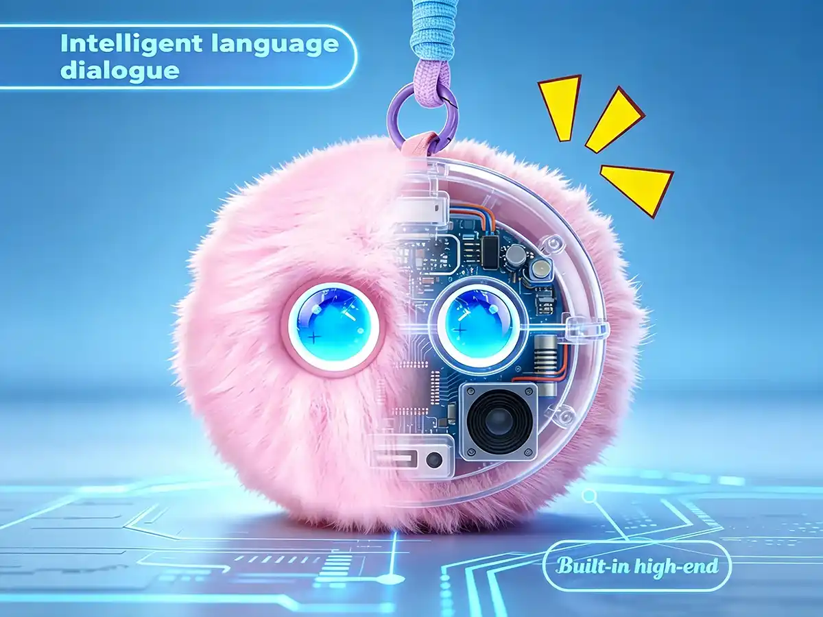 X-ray perspective of the AI plush toy displaying its internal high-end PCB board, chipset, and electronic components.