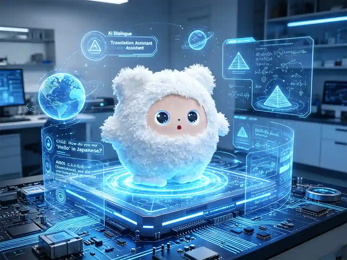 White AIBOI AI smart plush projecting holographic globe and educational icons for child encyclopedia Q&A and translation