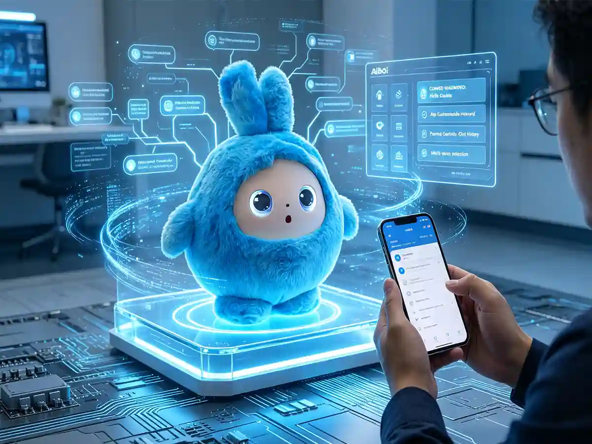 A person holding a smartphone to customize AIBOI AI plush toy settings, wake words, and parental controls via mobile app