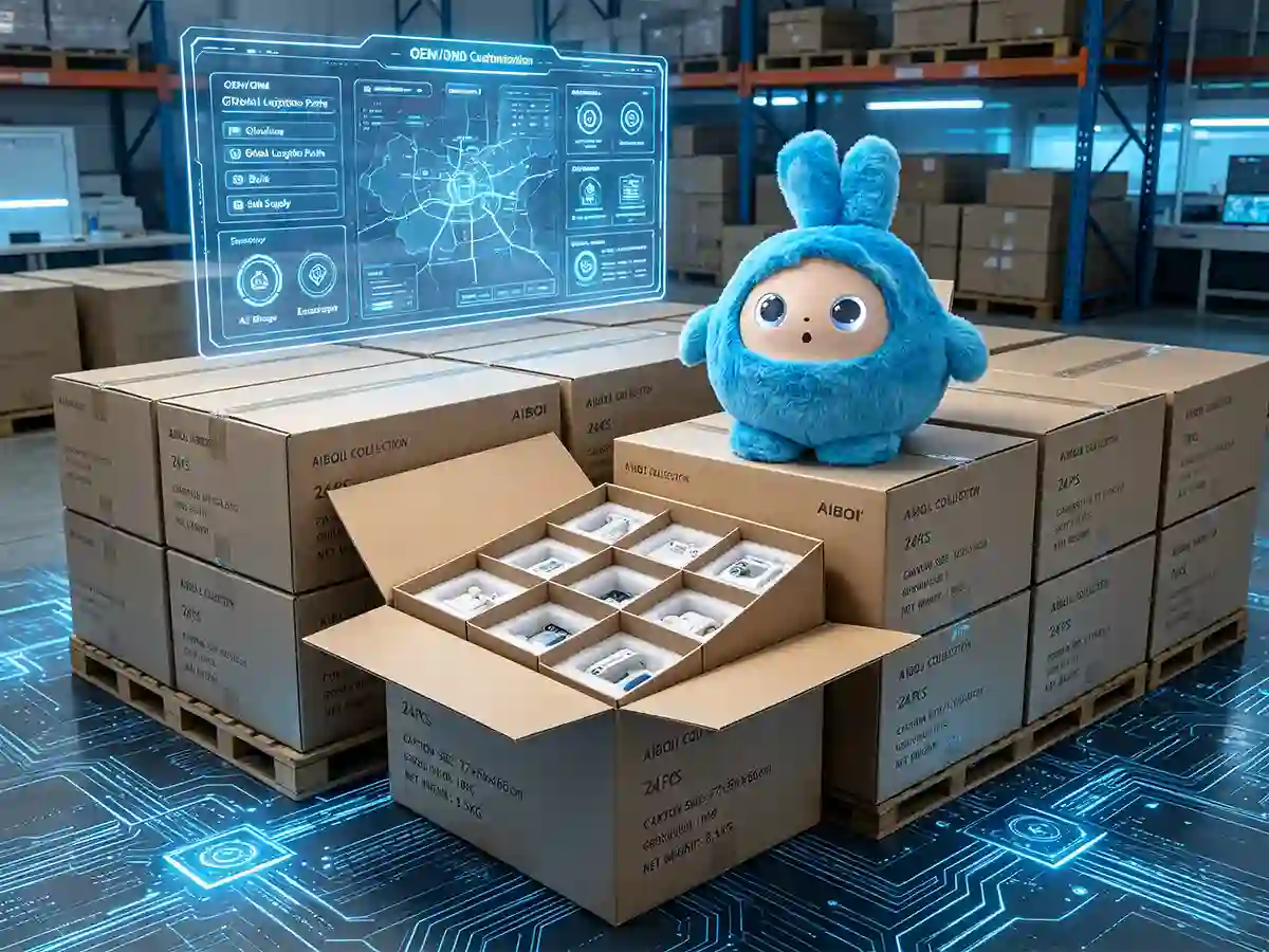 Stacked custom shipping cartons in a warehouse showing AIBOI B2B bulk supply capabilities and packaging specifications