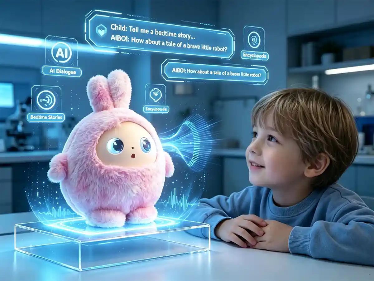 Young child talking to a pink AIBOI AI smart companion with floating speech bubbles showing real-time AI dialogue and bedtime stories
