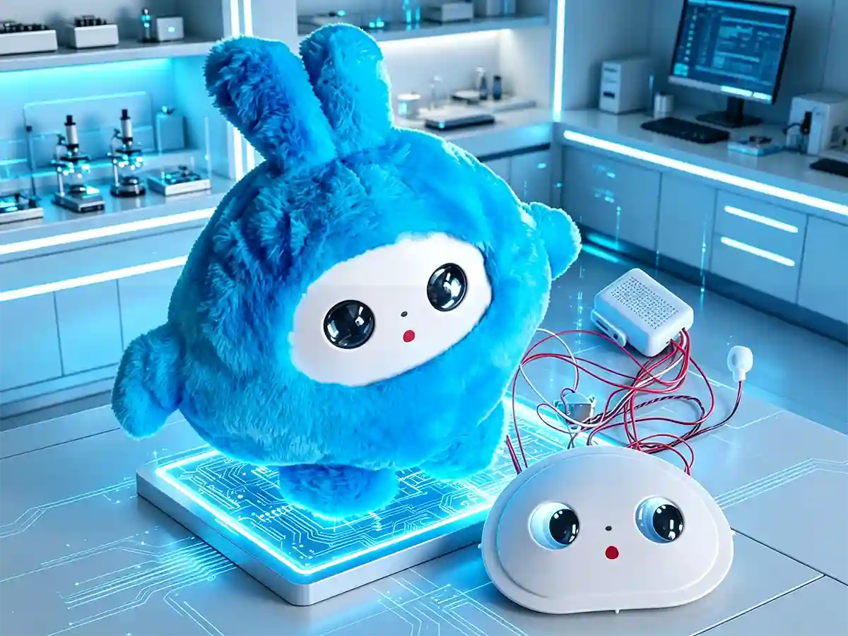 Exploded view of the AIBOI plush toy showing its internal AI smart core module, faceplate with expressive LED eye screen, and wiring.