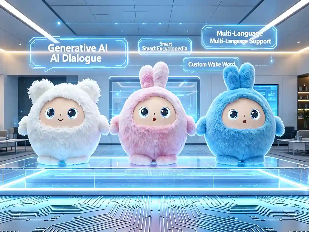 AIBOI AI smart plush companions in blue, pink, and white displayed on an illuminated tech pedestal with floating AI feature icons.