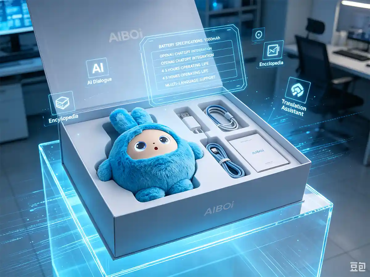 Opened custom gift packaging box displaying the blue AIBOI AI plush toy, Type-C charging cable, lanyard, and instruction manual