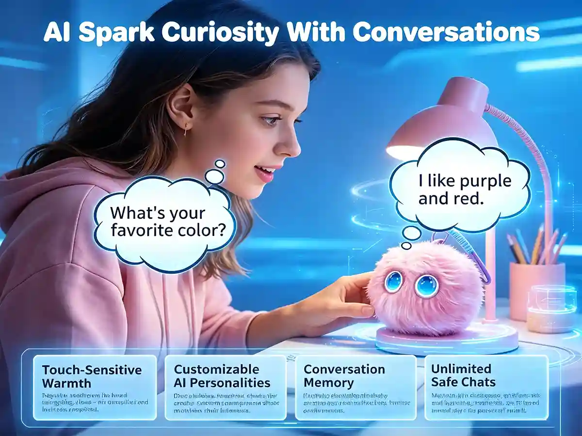 Girl interacting with a pink smart AI plush toy companion with screen-free voice chat features on a desk.