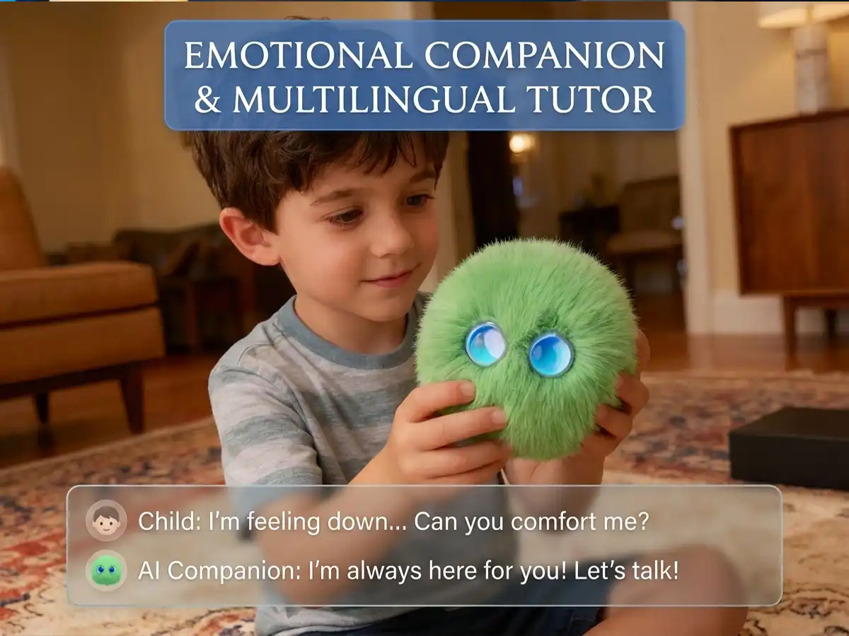Young boy sitting on the carpet playing with a green AI plush toy designed for emotional comfort and language learning.
