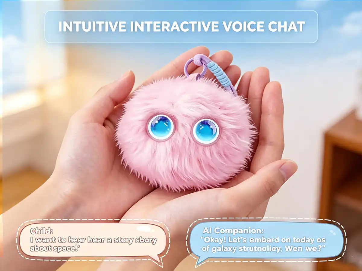 Two hands holding a compact pink AI plush toy pendant showing its ultra-soft texture and portable size
