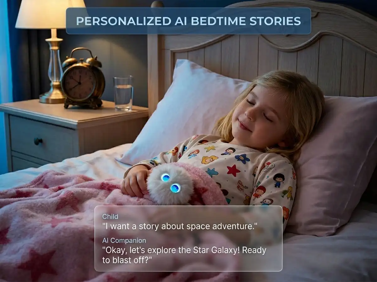 Young girl sleeping peacefully in bed holding a glowing AI plush toy with personalized bedtime story function.